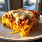 A close-up, golden-lit slice of 3-cheese spaghetti pie featuring layers of pasta, rich meat sauce, and melted mozzarella cheese.
