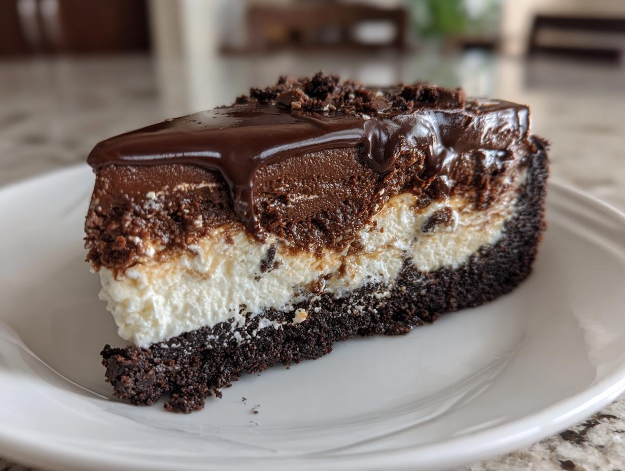 A decadent slice of 4-layer mud pie showing a dark crust, white filling, chocolate mousse, and chocolate glaze.