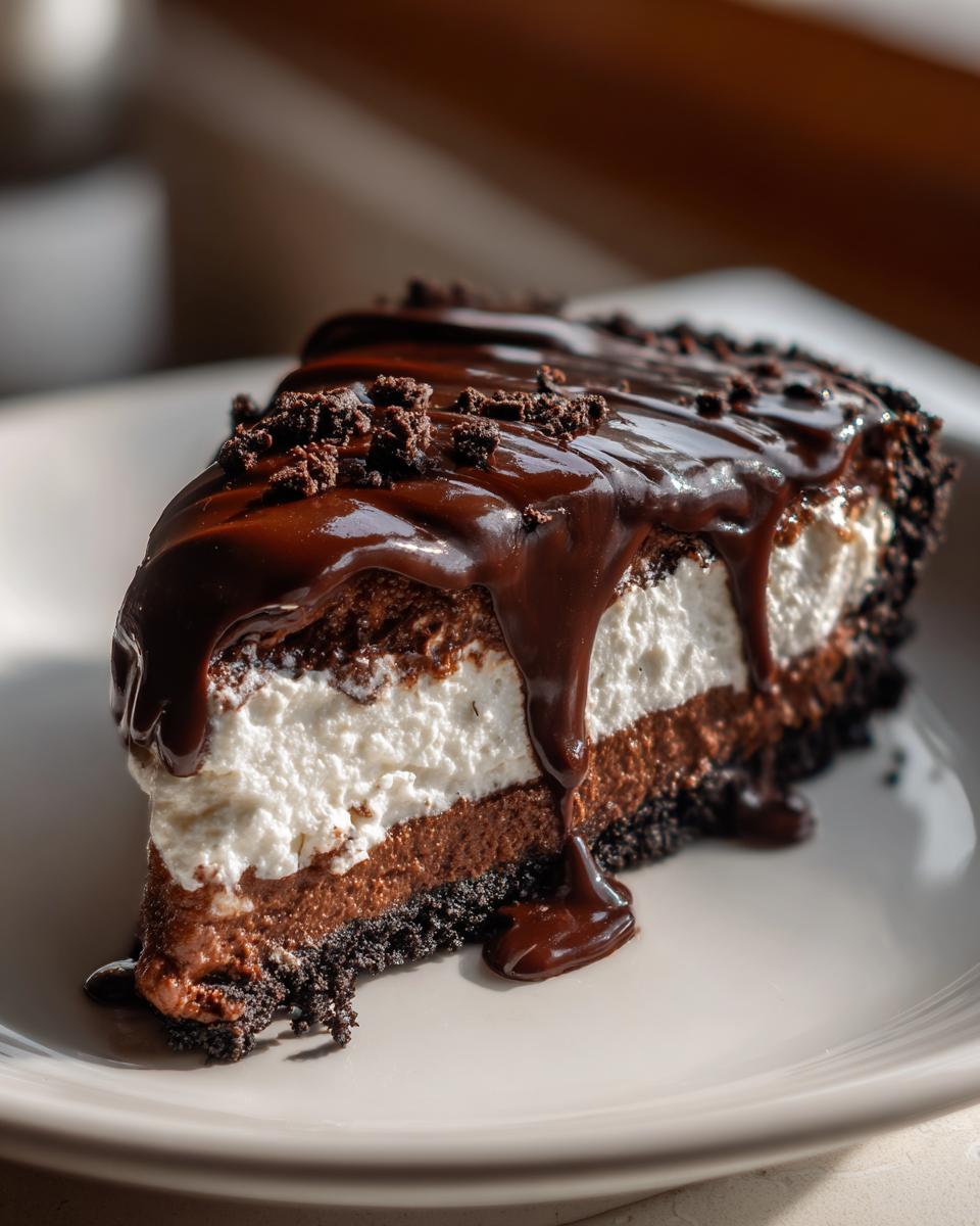 Close-up of a decadent slice of 4-layer mud pie with chocolate crust, mousse, whipped topping, and fudge drizzle.