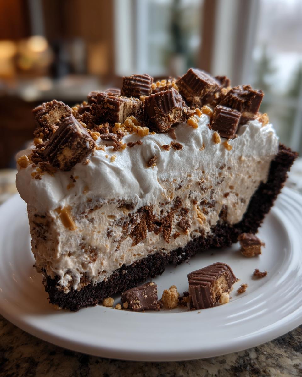 A generous slice of rich butterfinger pie with a chocolate crust, creamy filling, whipped topping, and chopped candy pieces.
