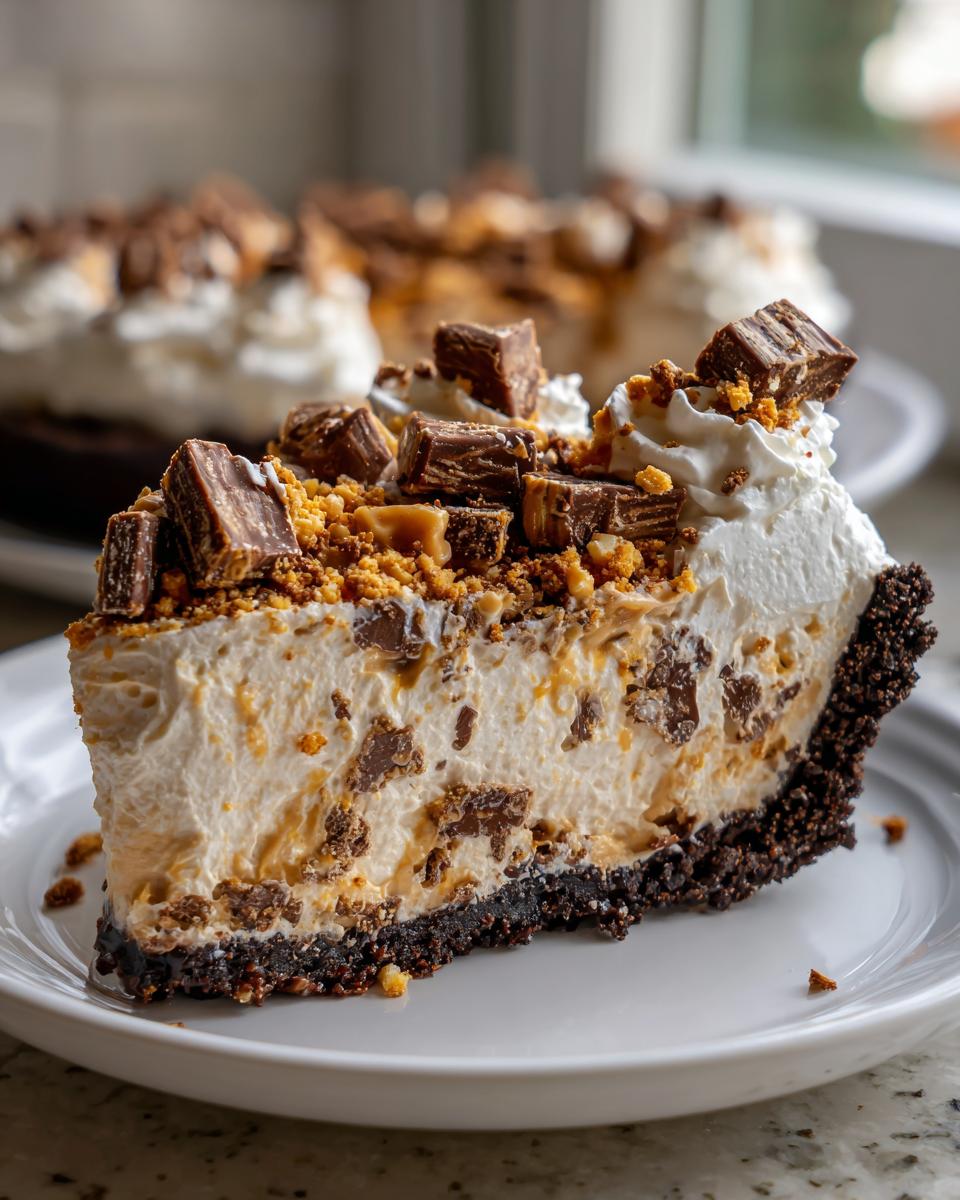 A generous slice of rich butterfinger pie with a dark crust, creamy filling, and topped with whipped cream and chopped candy pieces.