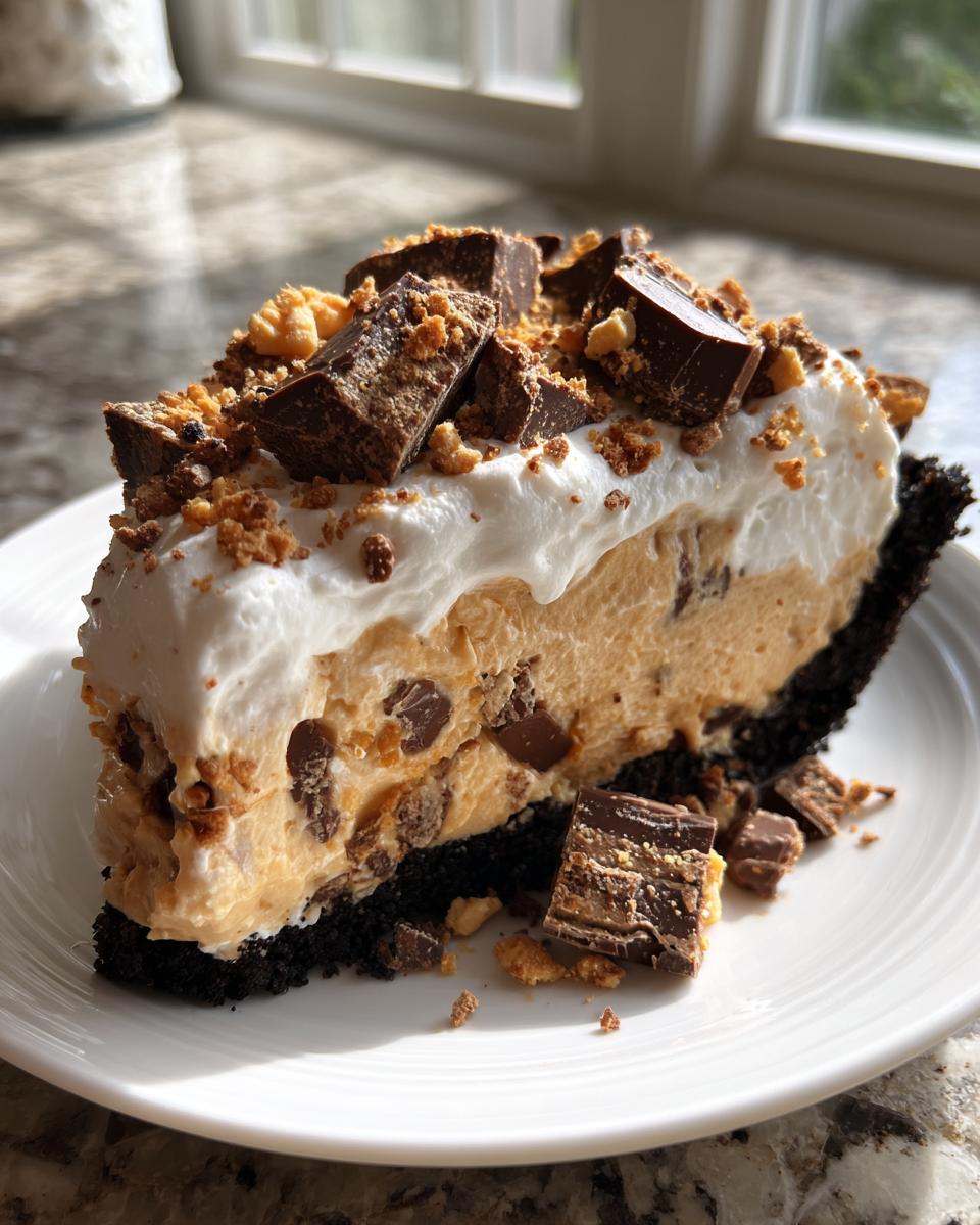 A decadent slice of butterfinger pie with a dark crust, creamy filling, whipped topping, and chopped candy bar pieces.