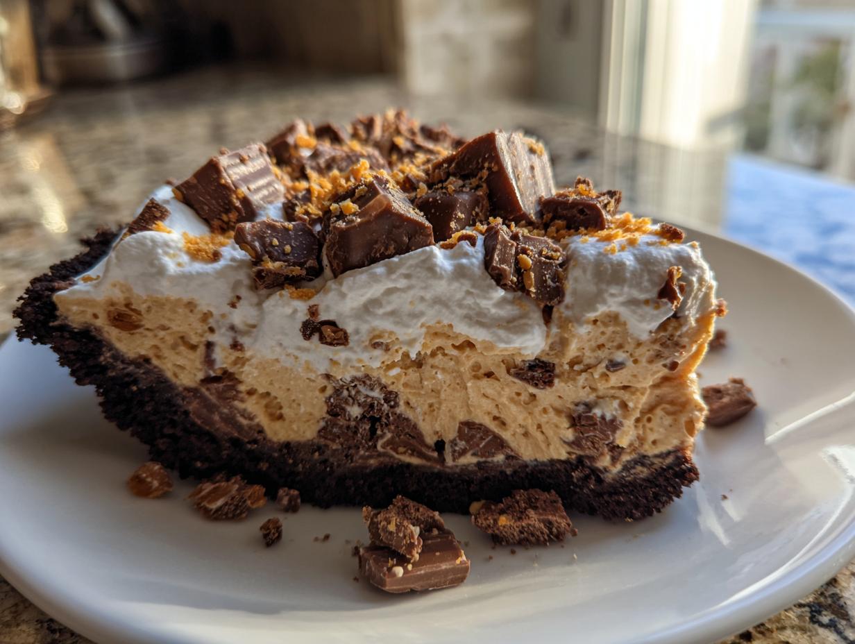 A close-up slice of rich butterfinger pie with a chocolate crust, creamy filling, and topped with whipped cream and chopped candy pieces.