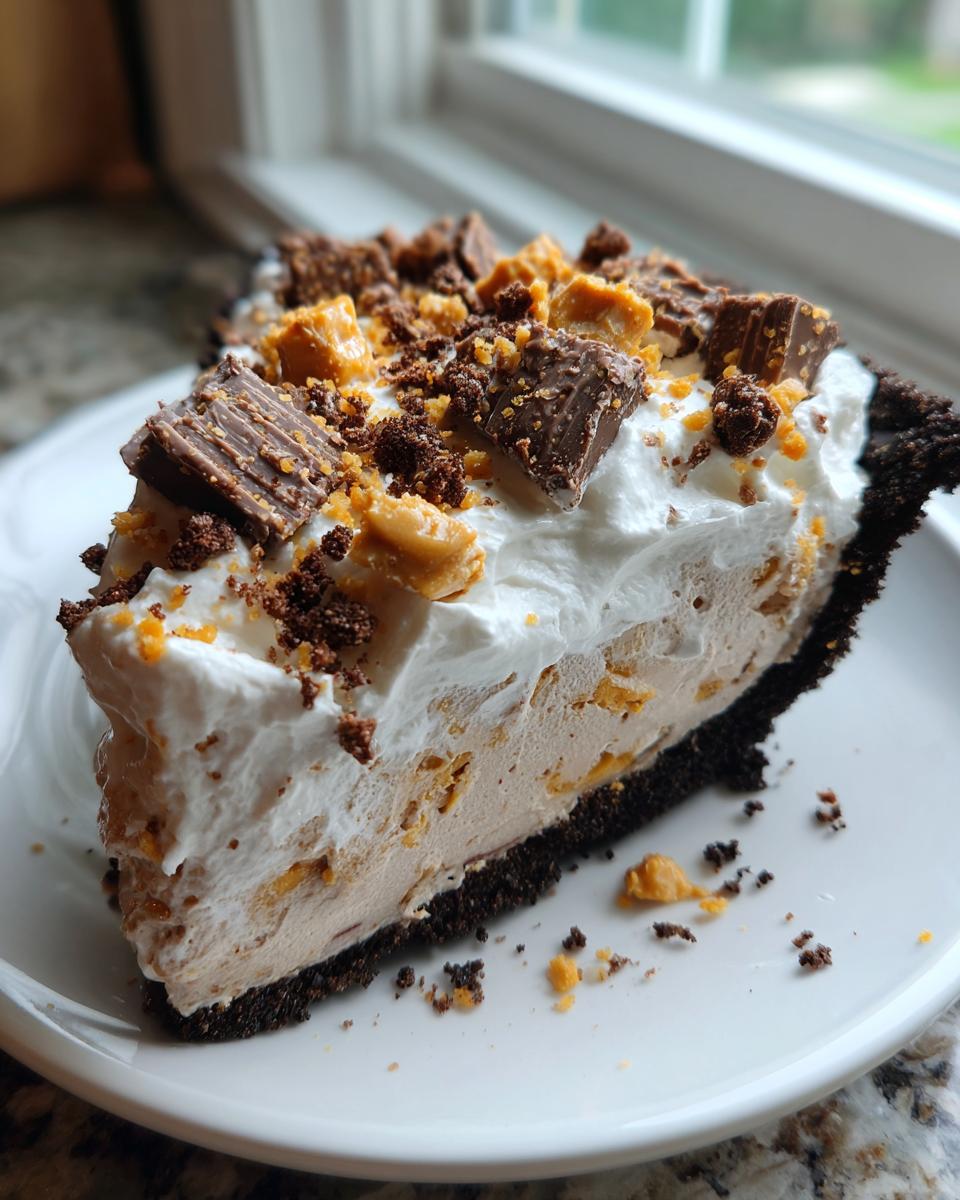 A decadent slice of butterfinger pie with a chocolate crust, creamy filling, whipped topping, and candy bar chunks.