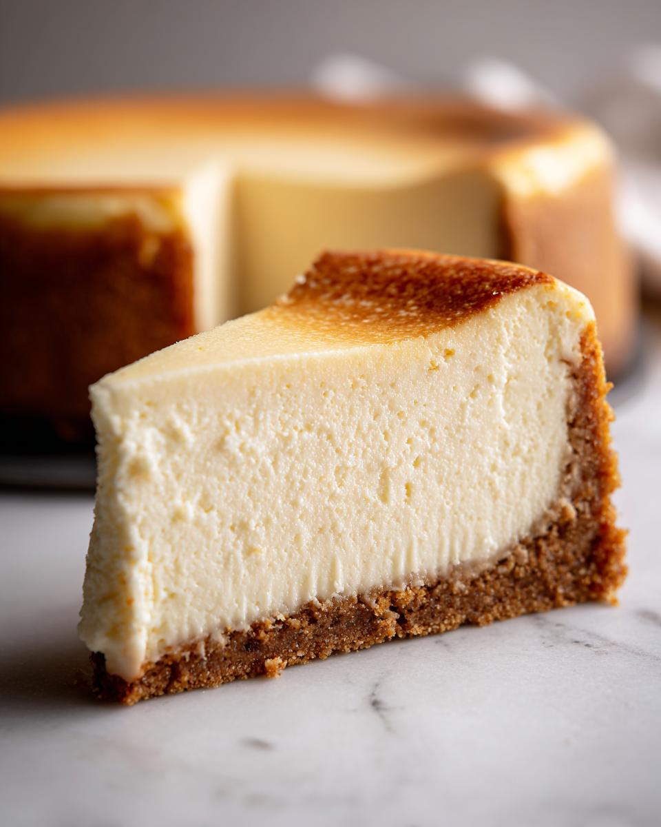A close-up of a creamy slice of cheesecake with a graham cracker crust, showing the texture of the cheesecake recipe.