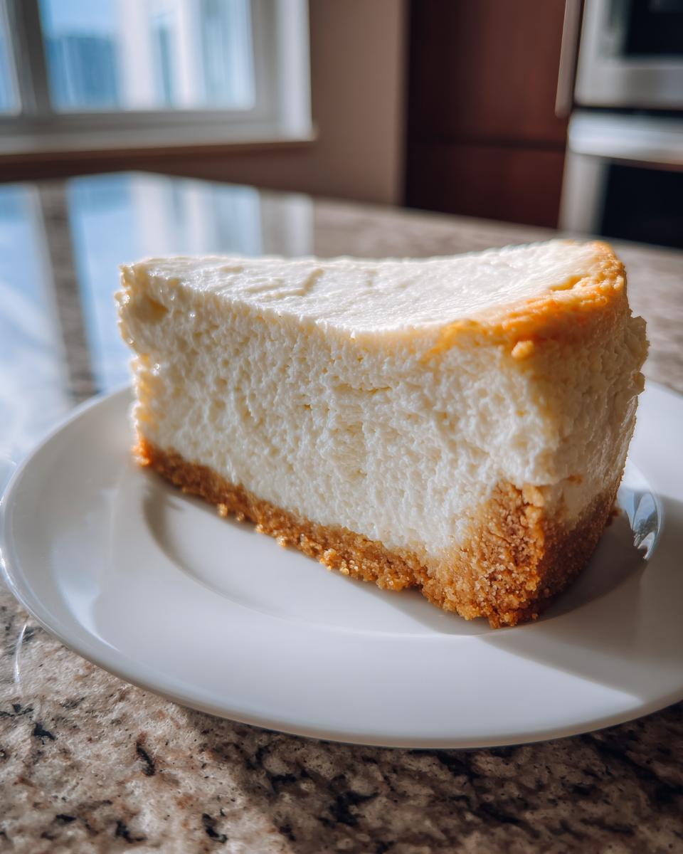 A perfect slice of creamy Protein Cheesecake with a thick graham cracker crust sits on a white plate.