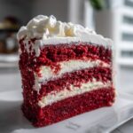 Close-up of a decadent slice of red velvet cheesecake showing three layers of deep red cake and cream cheese filling.