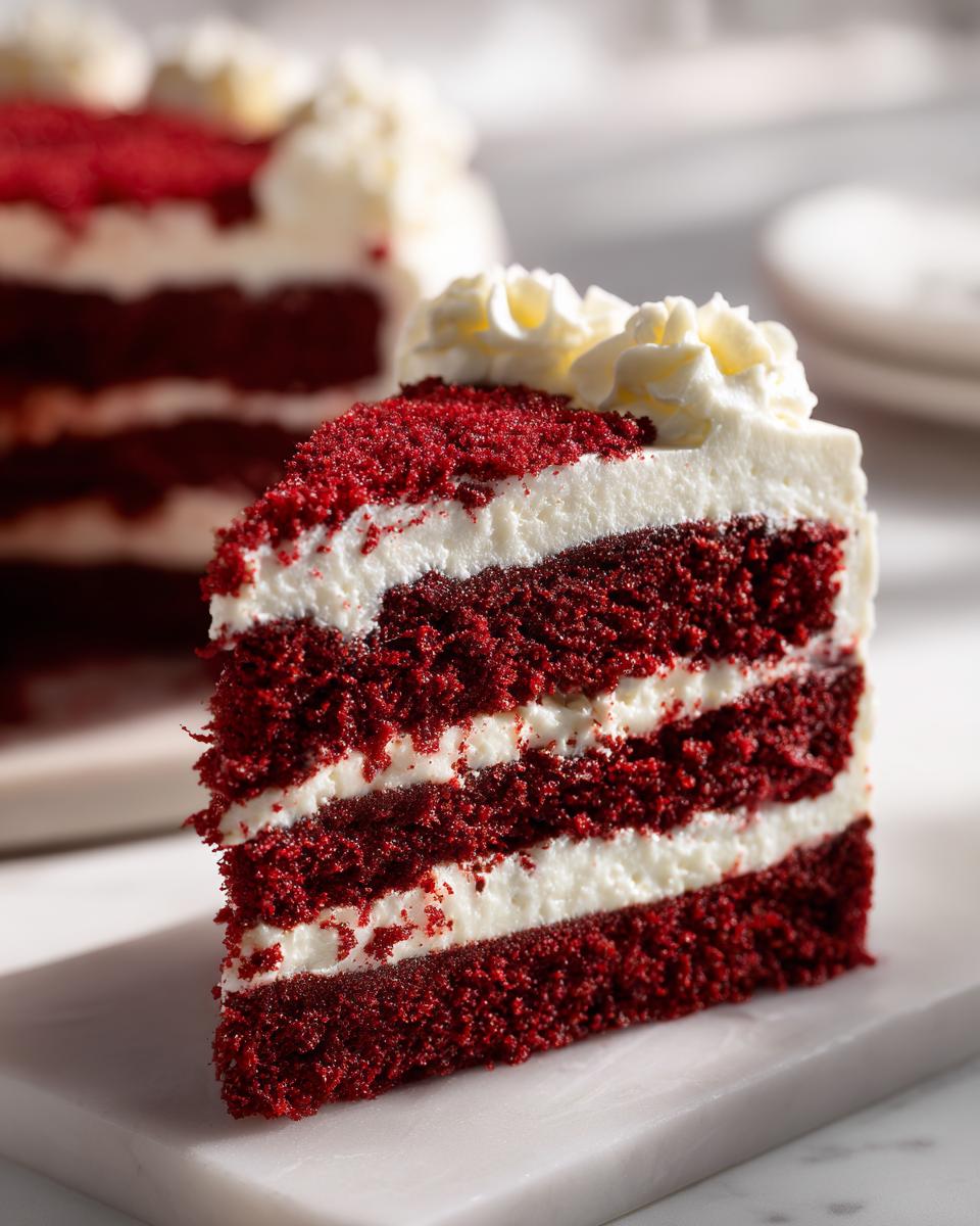 Close-up of a moist slice of red velvet cheesecake with three layers of red cake and white cream cheese frosting.