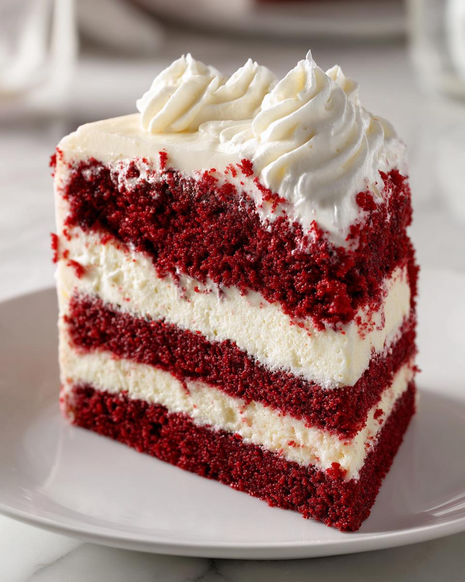 A decadent slice of red velvet cheesecake showing three layers of deep red cake alternating with white cheesecake filling, topped with whipped cream.
