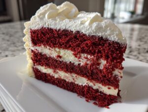 Close-up of a decadent slice of red velvet cheesecake showing rich red layers alternating with white cream cheese filling and topped with whipped cream.