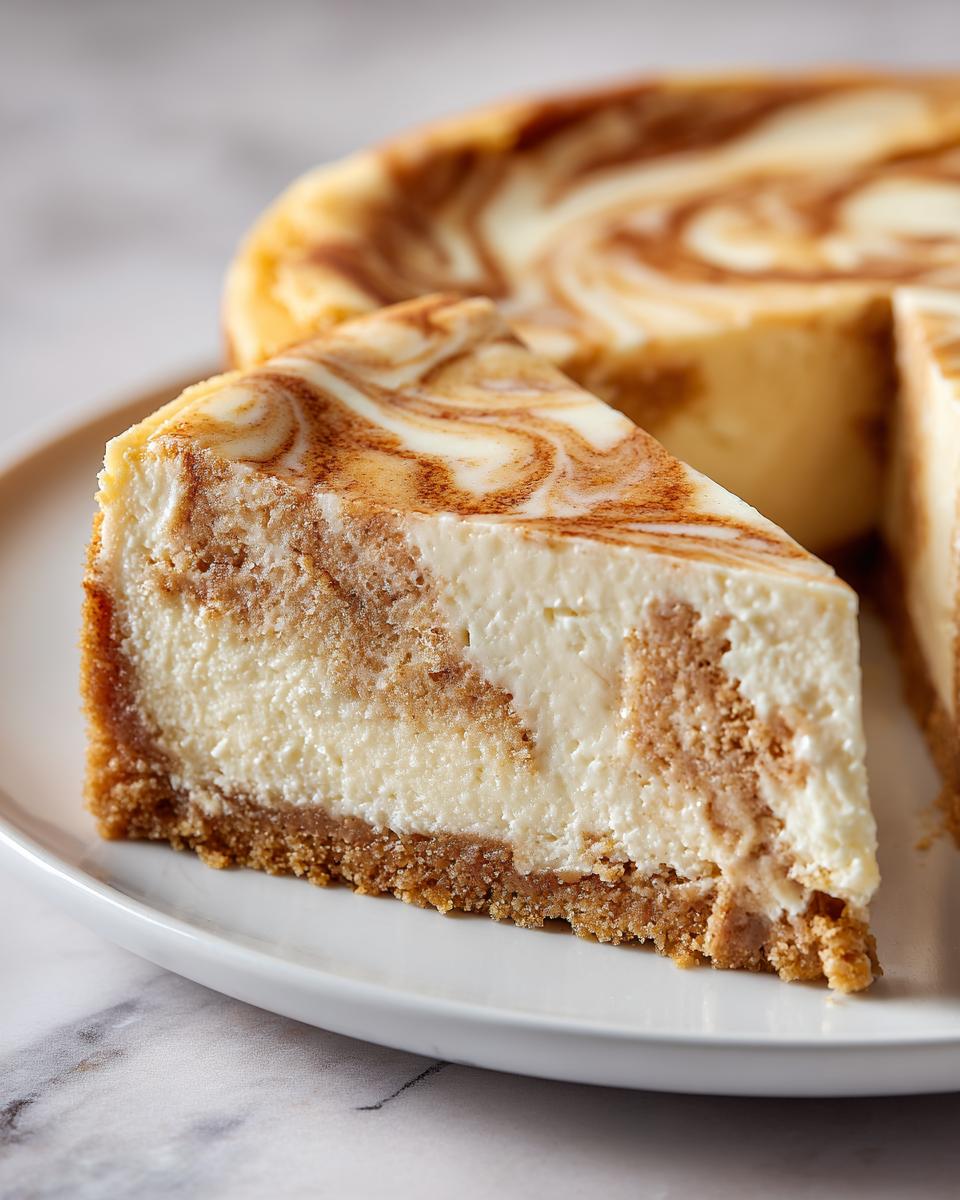 A close-up of a thick slice of sugar cookie cheesecake showing the graham cracker crust and creamy filling with brown sugar swirl.