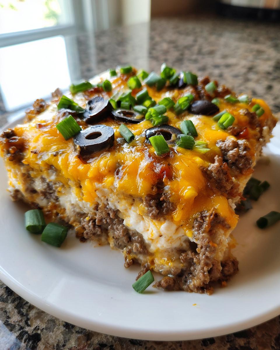 A thick slice of baked texas trash dip layered with meat, cream cheese, and melted cheddar, topped with black olives and green onions.