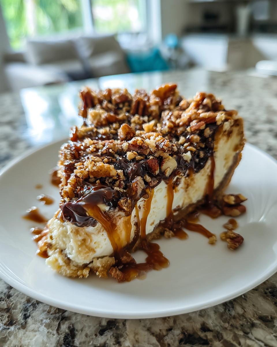 A rich slice of turtle cheesecake topped with chocolate, caramel drizzle, and chopped pecans.