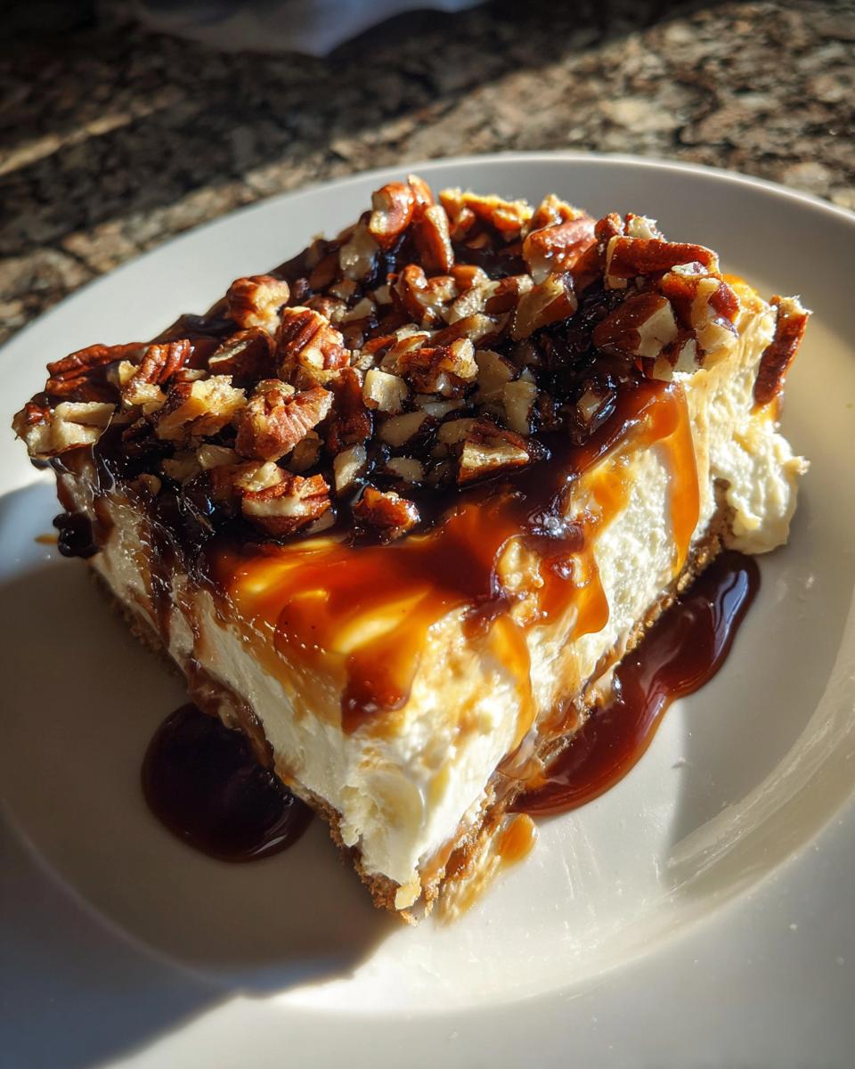 A rich slice of turtle cheesecake topped heavily with caramel sauce and chopped pecans.