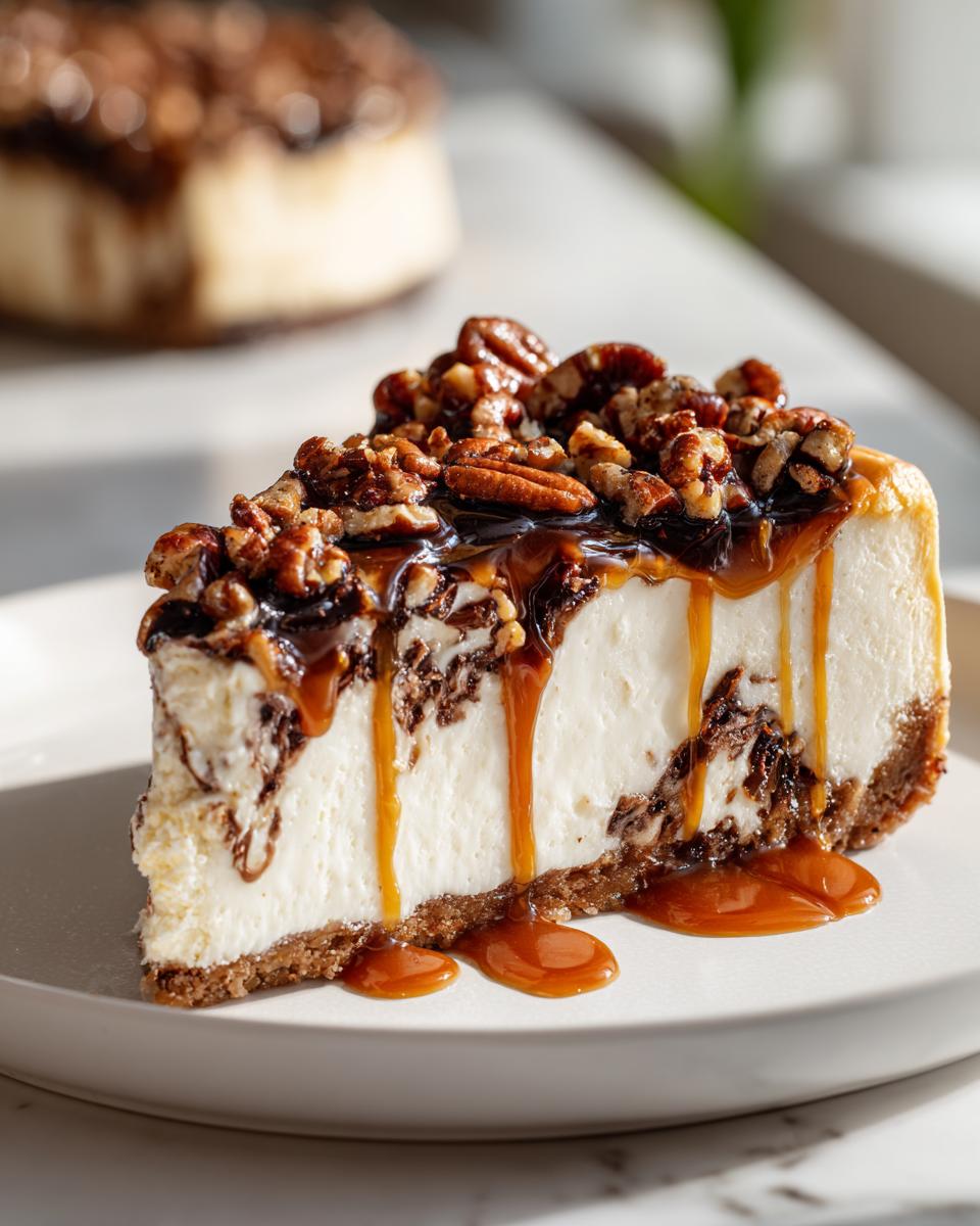 A close-up slice of turtle cheesecake topped with candied pecans and dripping caramel sauce.