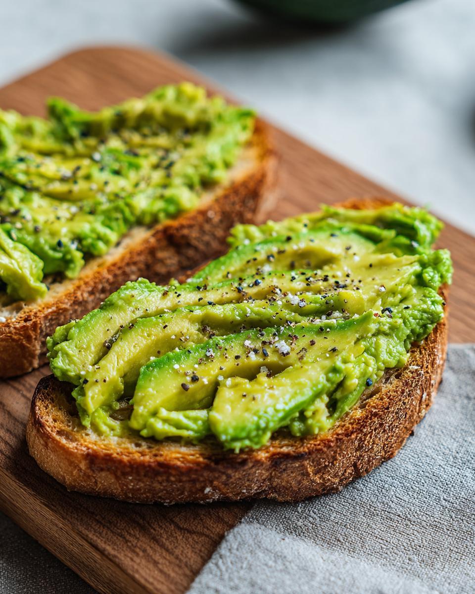 Close-up of two slices of avocado toast topped with sliced avocado, cracked black pepper, and sea salt.
