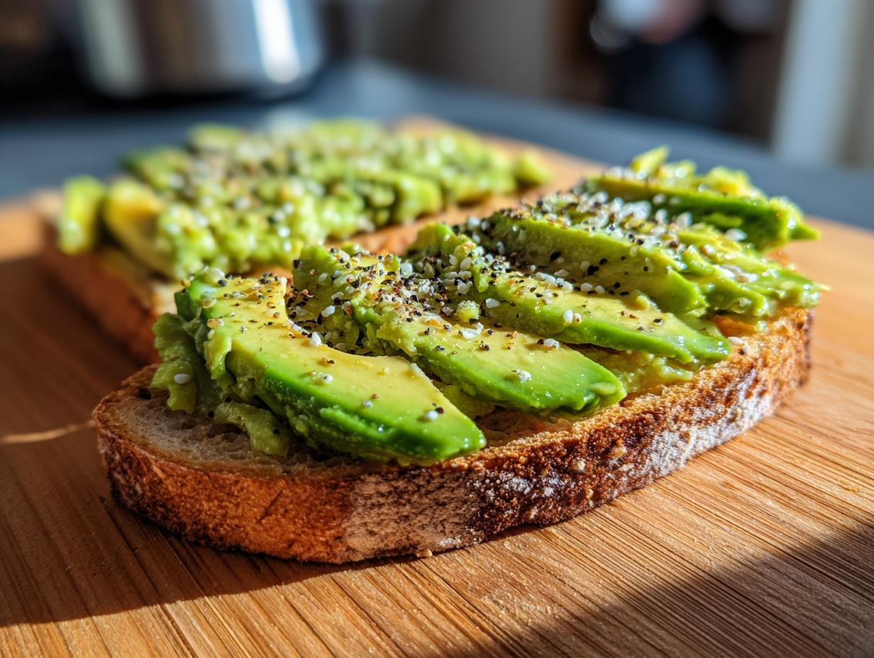 Close-up of perfectly sliced avocado toast topped with everything bagel seasoning on a wooden board.