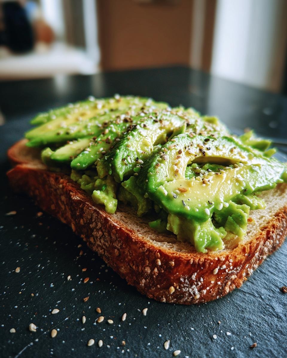 Close-up of a slice of whole-grain avocado toast topped with sliced avocado and everything bagel seasoning.