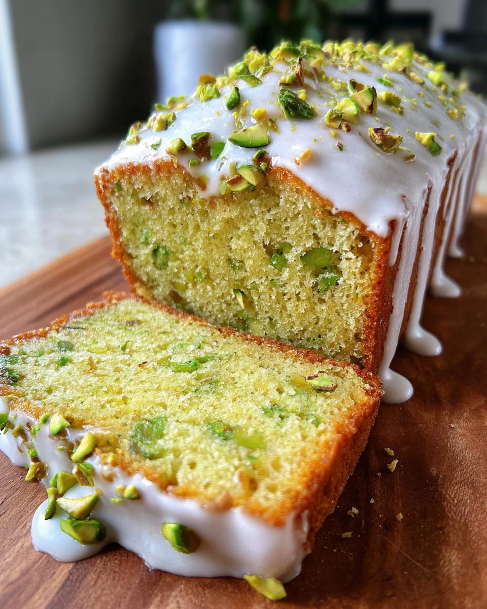 A loaf of moist pistachio bread, partially sliced, topped with white glaze and chopped pistachios.