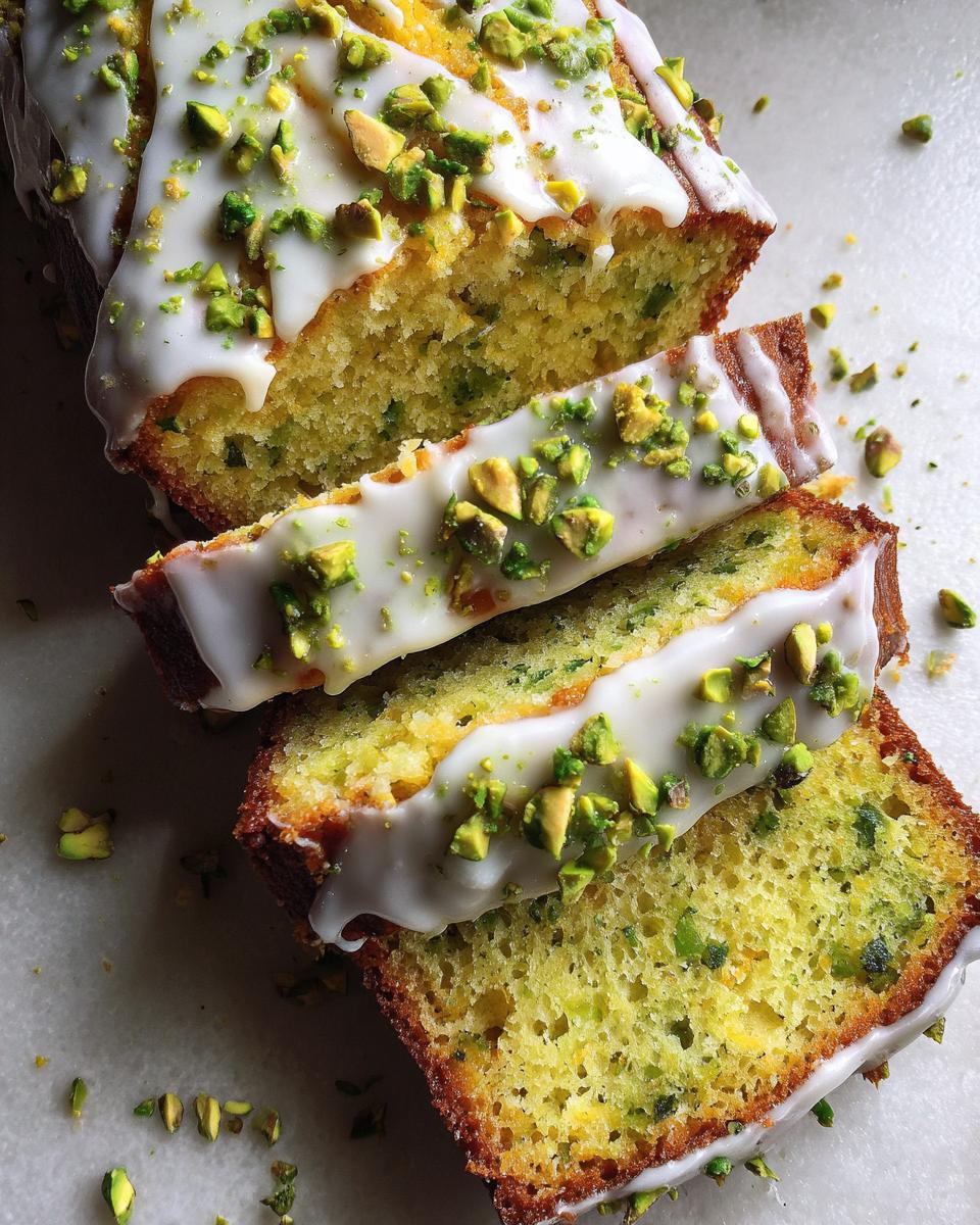 Close-up of sliced pistachio bread topped with white glaze and chopped pistachios.
