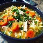 Close-up of a dark bowl filled with rich slow cooker chicken noodle soup, featuring shredded chicken, bright carrots, and parsley.