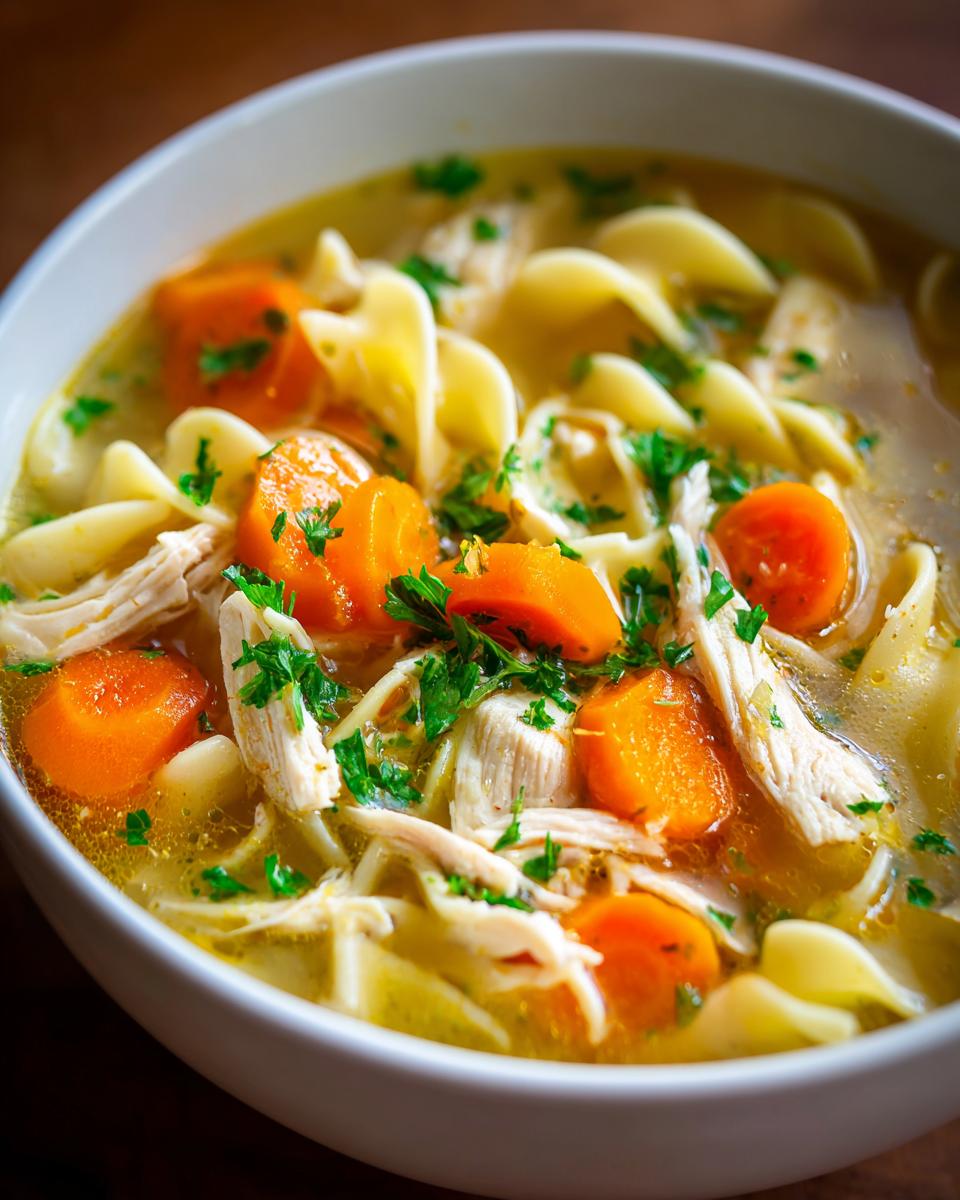 Close-up of a bowl of slow cooker chicken noodle soup with shredded chicken, thick egg noodles, carrots, and parsley.