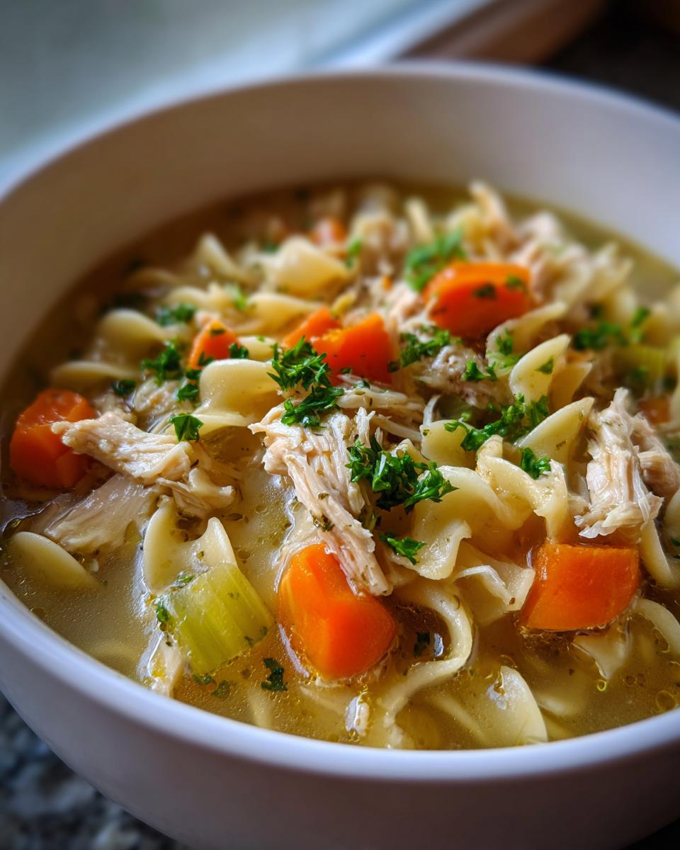 A close-up of a white bowl filled with steaming slow cooker chicken noodle soup, showing shredded chicken, egg noodles, carrots, and parsley.