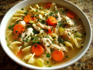 Close-up of a white bowl filled with rich broth, shredded chicken, egg noodles, and sliced carrots in slow cooker chicken noodle soup.