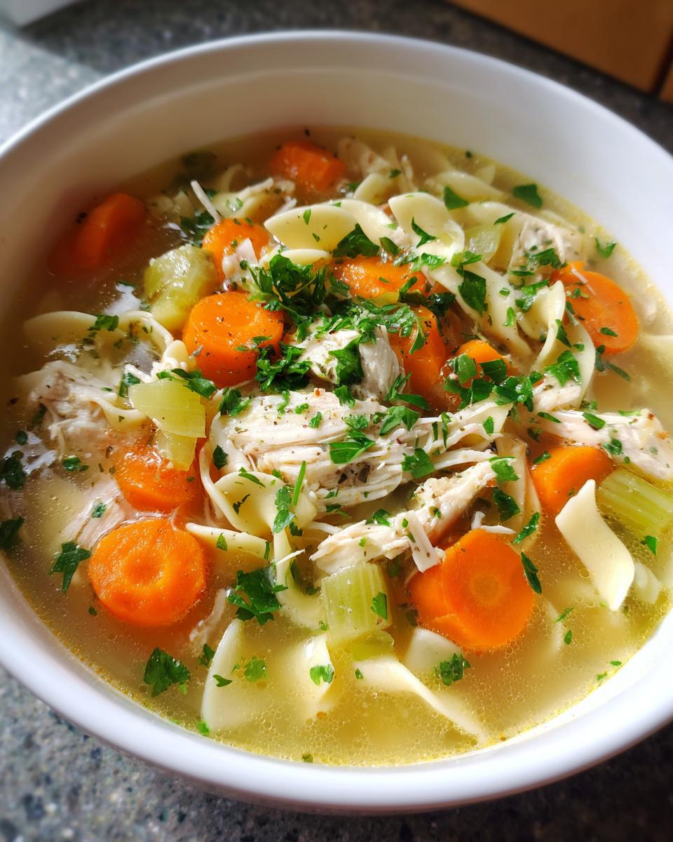 Close-up of a white bowl filled with delicious slow cooker chicken noodle soup, featuring shredded chicken, carrots, and parsley.