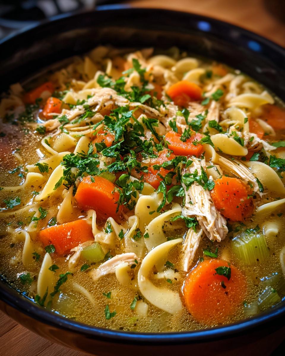 A close-up, appetizing view of rich broth containing egg noodles, shredded chicken, carrots, and celery, topped with fresh parsley in a slow cooker chicken noodle soup.