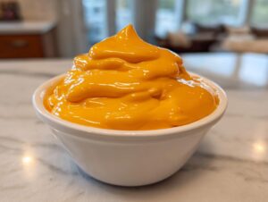 A close-up of vibrant, thick nacho cheese sauce mounded high in a small white bowl.