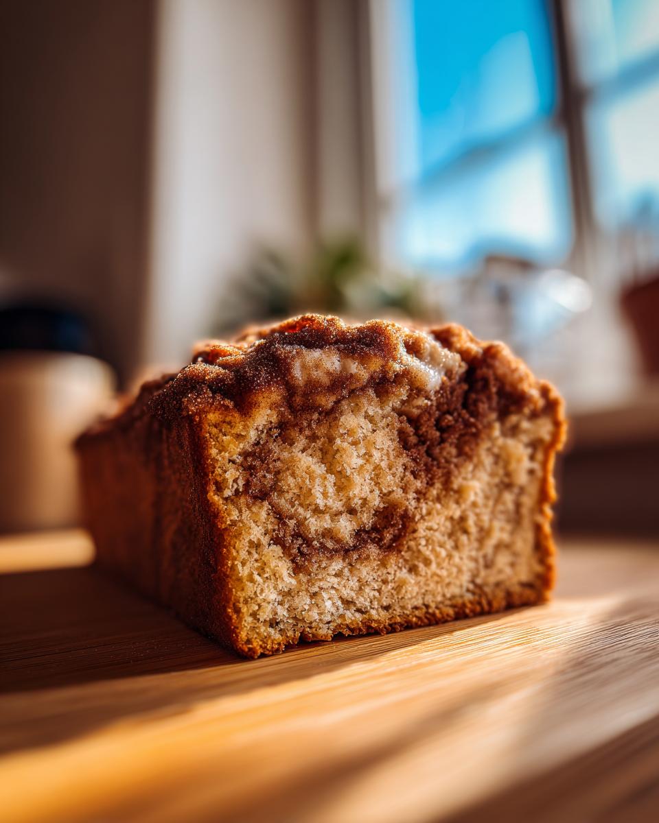A close-up, sunlit view of a slice of snickerdoodle banana bread with a cinnamon swirl topping.