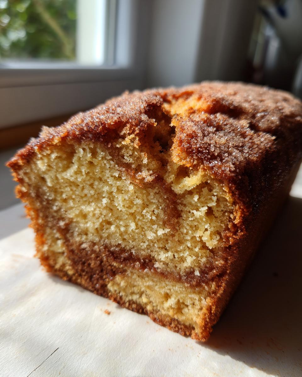 A close-up cross-section of a moist snickerdoodle banana bread loaf with a cinnamon swirl and sugary top.