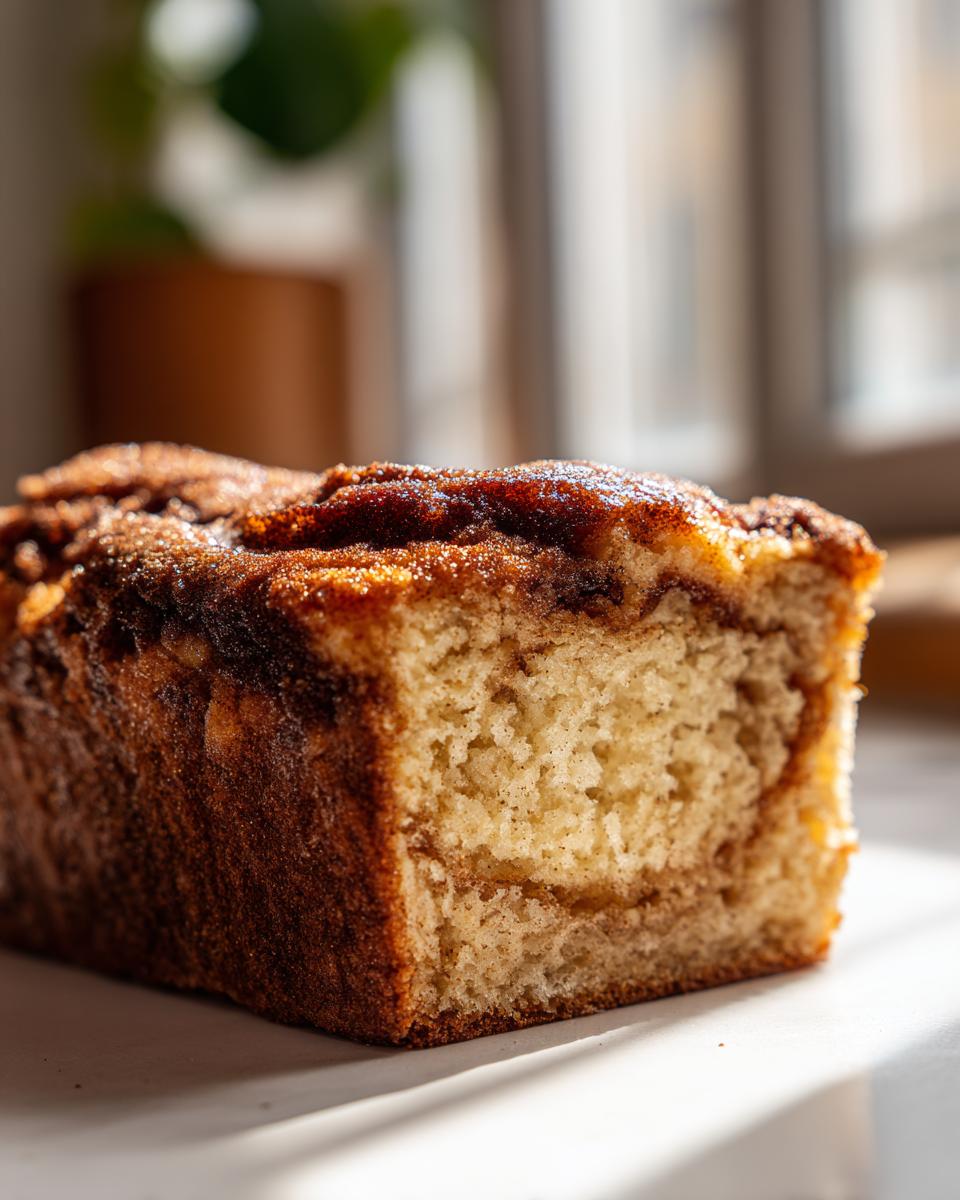 A close-up cross-section of snickerdoodle banana bread showing a moist crumb and a rich cinnamon-sugar swirl topping.