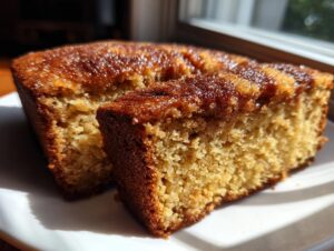 Two slices of moist snickerdoodle banana bread featuring a sparkly cinnamon-sugar topping, sitting on a white plate.