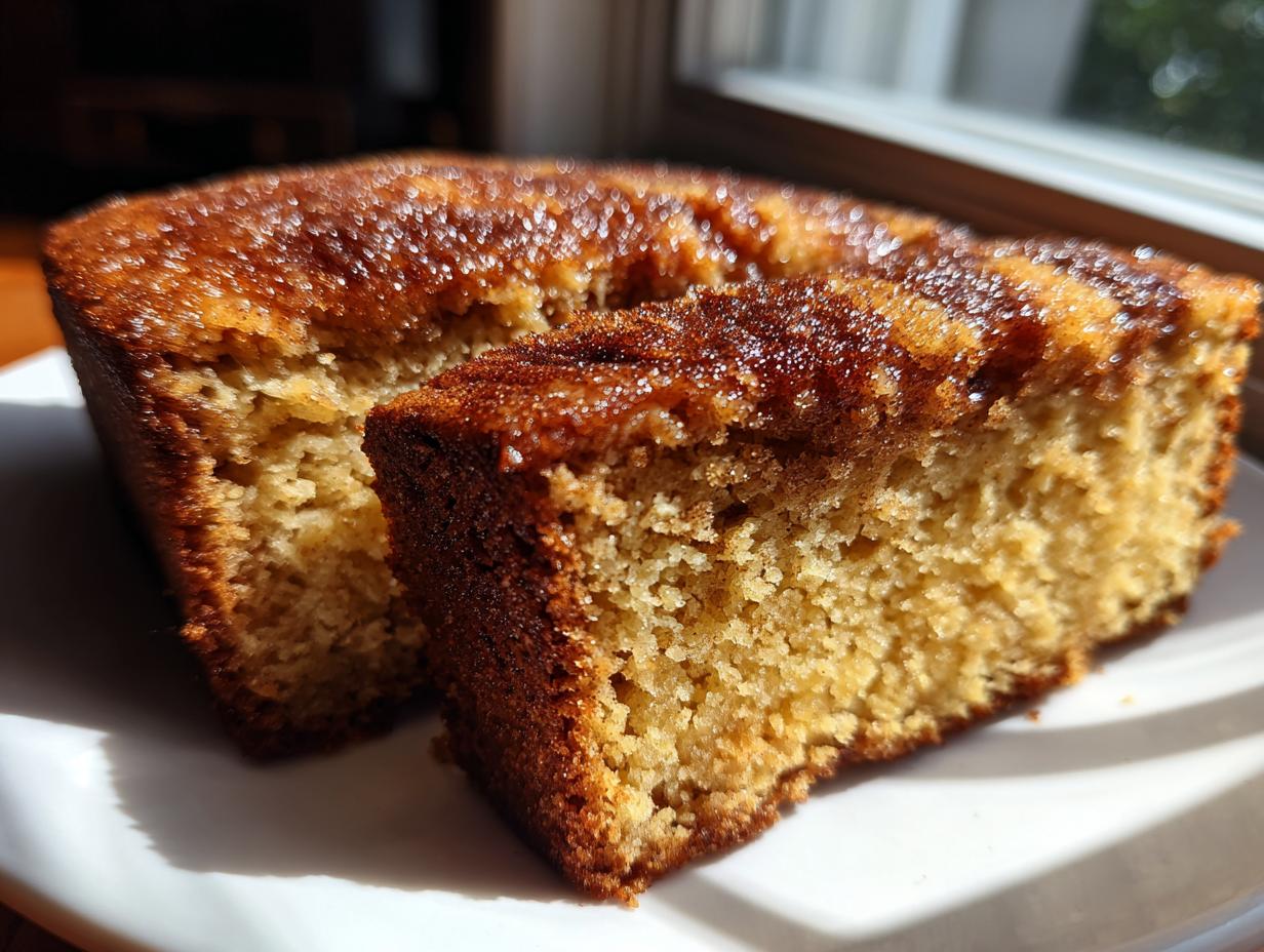 Two slices of moist snickerdoodle banana bread featuring a sparkly cinnamon-sugar topping, sitting on a white plate.