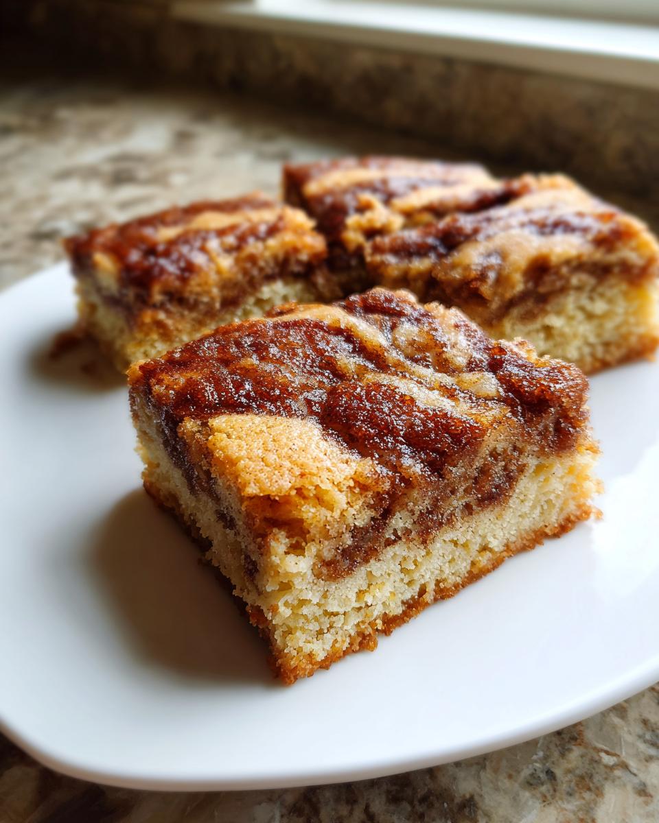 Three square portions of moist snickerdoodle blondies with a rich cinnamon swirl topping on a white plate.