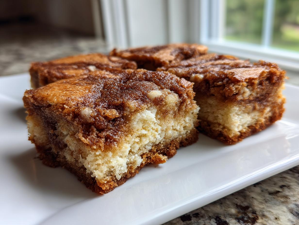 Four square cuts of moist snickerdoodle blondies with a rich cinnamon swirl topping served on a white plate.