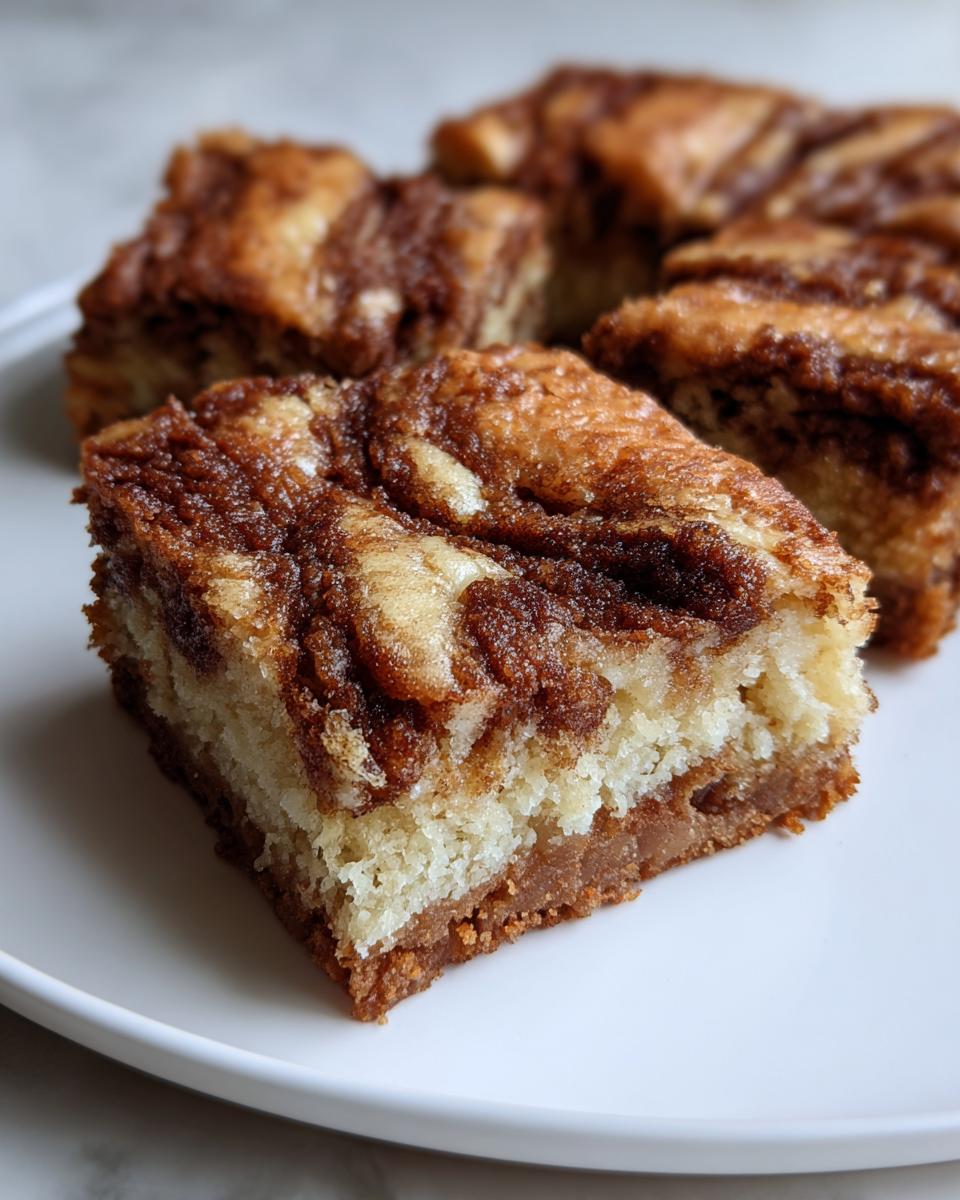 A close-up of a freshly cut snickerdoodle blondies square showing the cinnamon swirl topping and chewy base.