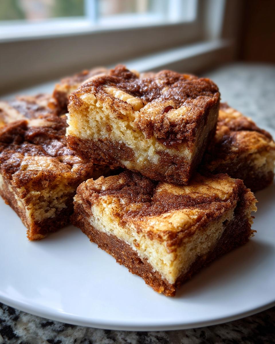 A stack of rich, chewy snickerdoodle blondies showing a distinct swirl of cinnamon sugar topping and light blondie base.