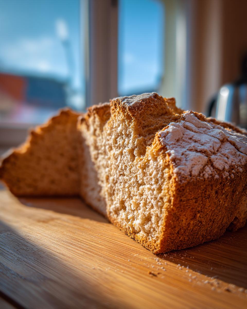 A close-up, sunlit view of a thick slice of homemade soda bread showing its crumb texture and dusted top.