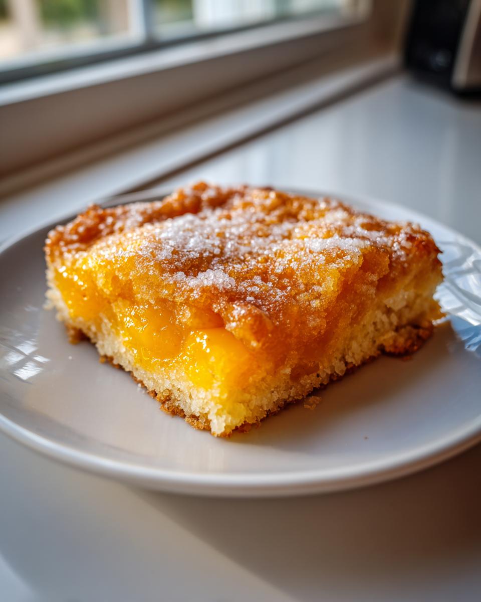 A square slice of golden southern peach cobbler with visible peach filling and a sugary crust, served on a white plate.