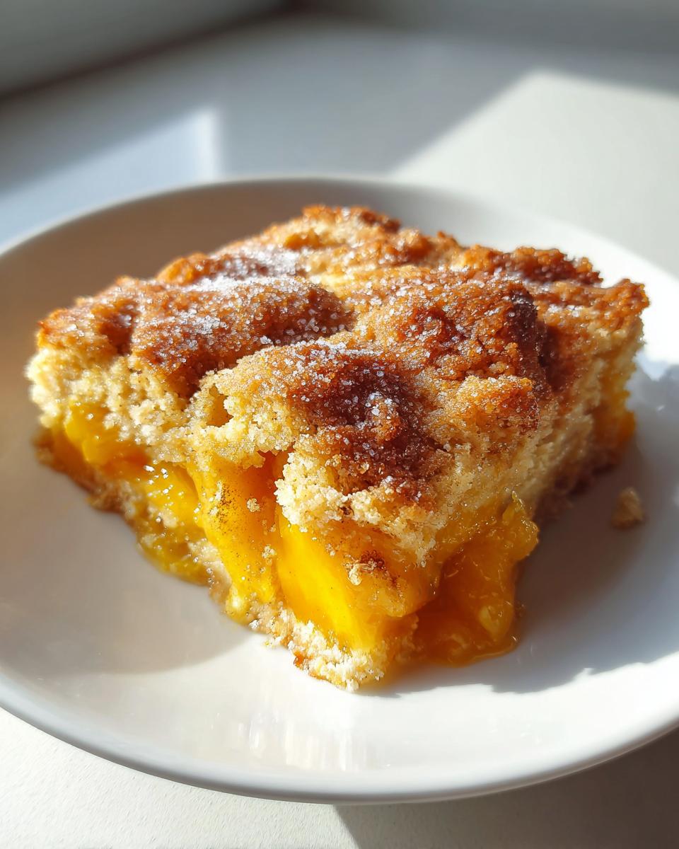 A close-up of a square slice of southern peach cobbler with a thick, sugary crumble topping and gooey peach filling.