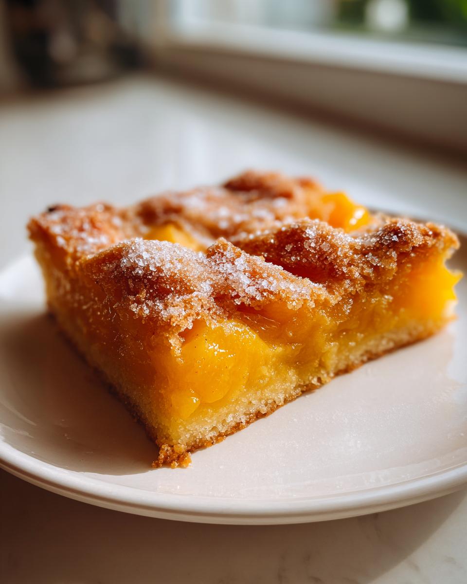 Close-up of a square slice of southern peach cobbler with visible baked peaches and a sugary crust.