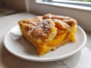 A square slice of southern peach cobbler with a thick, sugary crust and bright orange peach filling on a white plate.