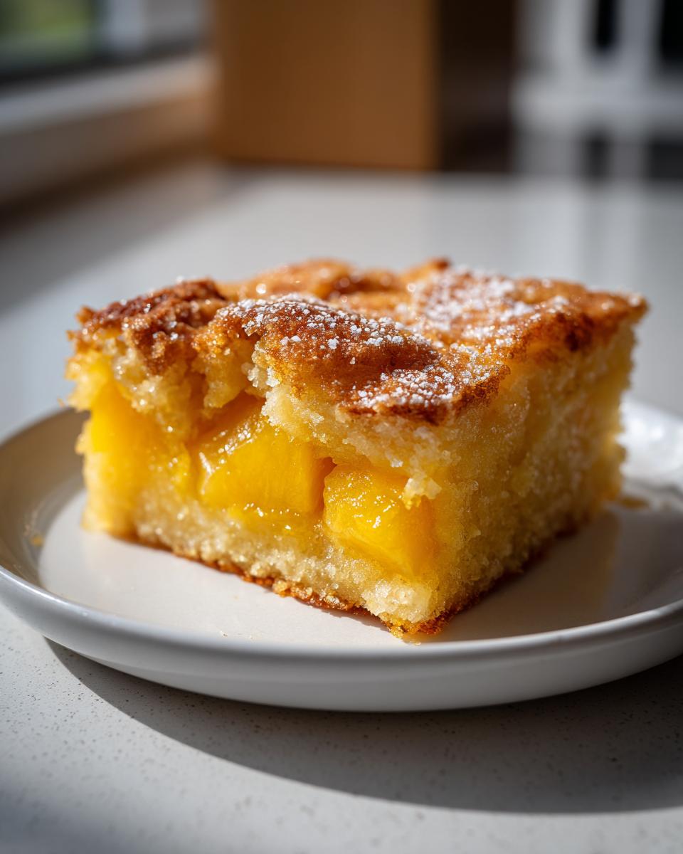 A square slice of moist southern peach cobbler with visible peach chunks, dusted with powdered sugar.