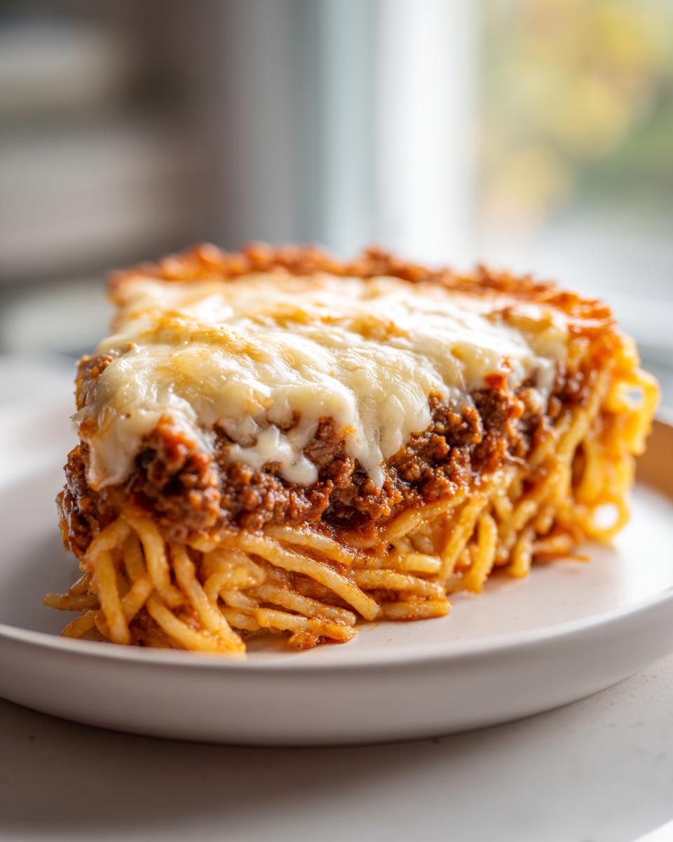 A close-up slice of cheesy spaghetti pie featuring layers of pasta, meat sauce, and melted mozzarella cheese.