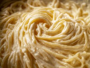 Close-up of spaghetti noodles generously coated in rich, creamy homemade alfredo sauce.