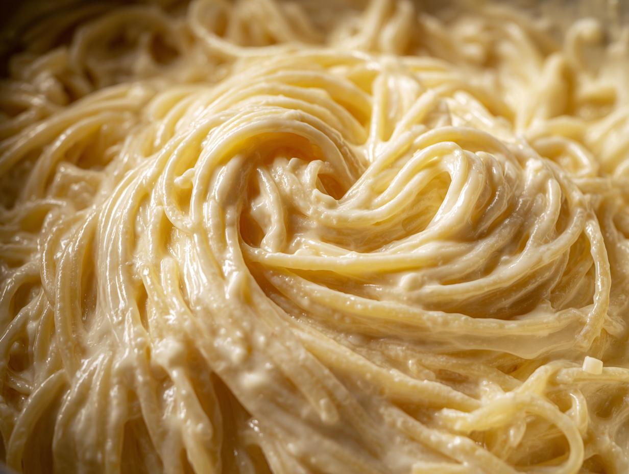 Close-up of spaghetti noodles generously coated in rich, creamy homemade alfredo sauce.