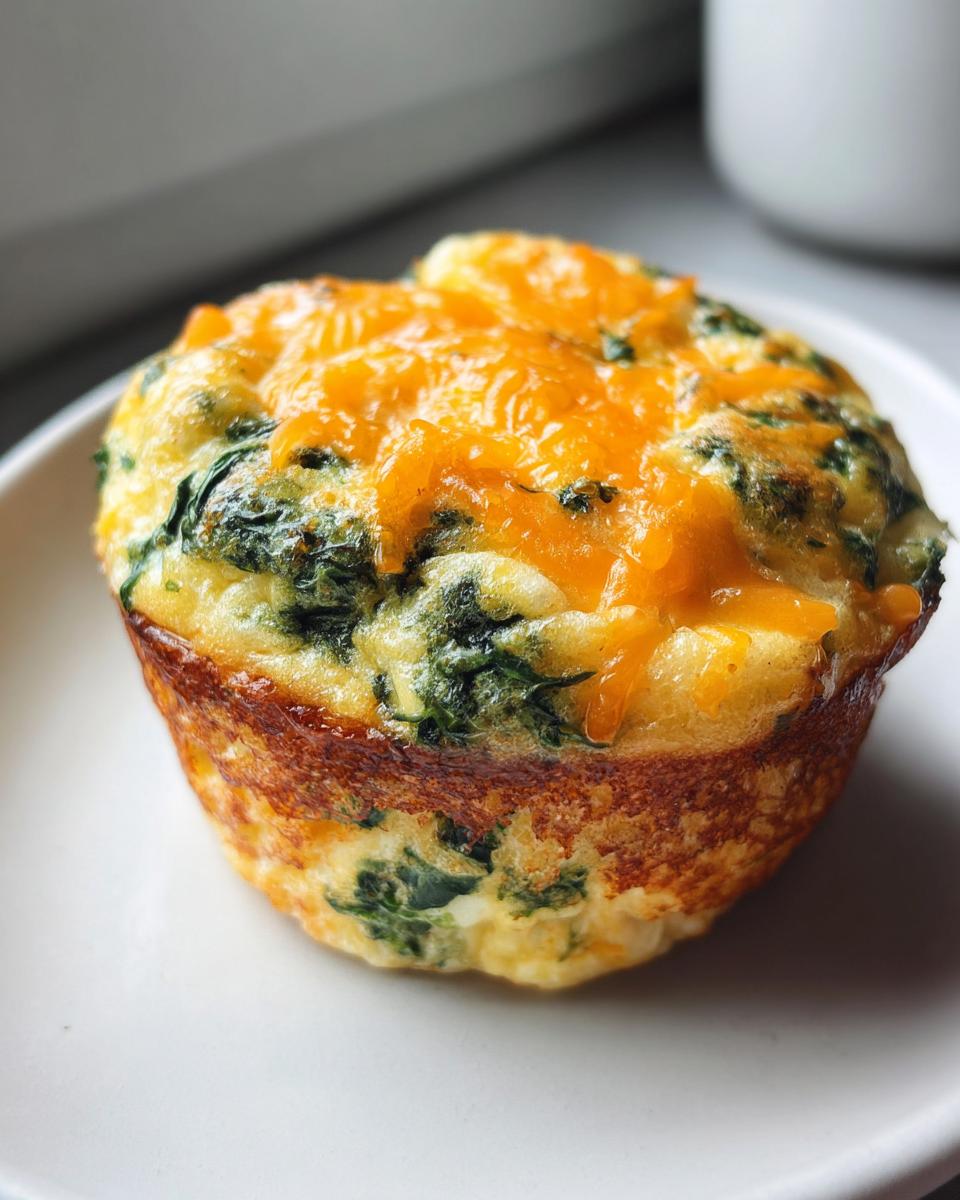 A single, perfectly baked egg muffin filled with spinach and topped with melted orange cheddar cheese.